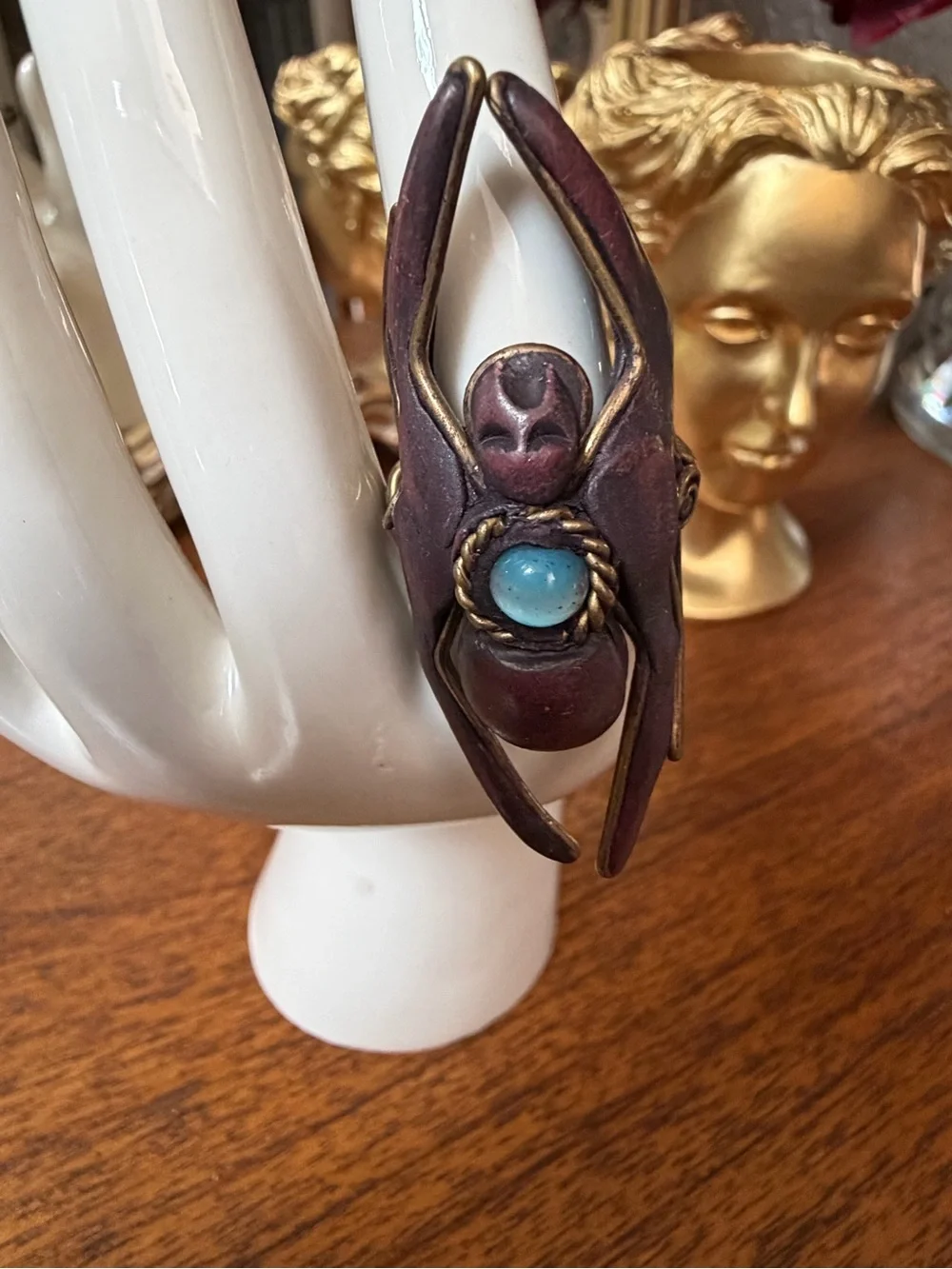 Handcrafted Bronze-Tone Scarab Ring with Blue Cabochon - Women Jewelry